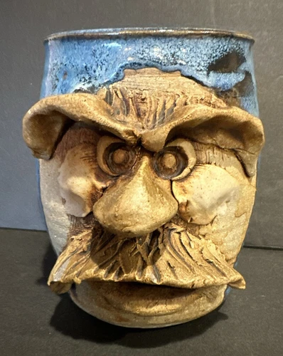 Vintage Pottery Mug Folk Art Face Jug Signed Stokes