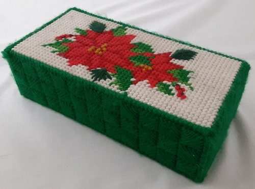 Vintage Needle Point Christmas Door Stop Poinsettia Yarn Tapestry Covered Brick - 第 1/15 張圖片