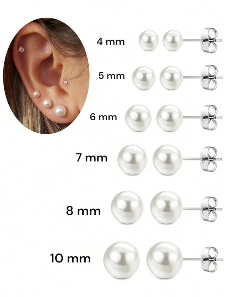 Orecchini da lobo Argento 925 Sterling chiusura a farfallina Perla Varie Misure - Immagine 2 di 4