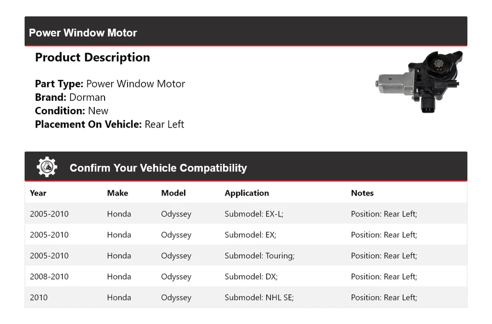 Motor de ventana eléctrica trasero izquierdo Honda Odyssey Dorman 2005-2010 2006 2007 2008 Foto 2 de 4