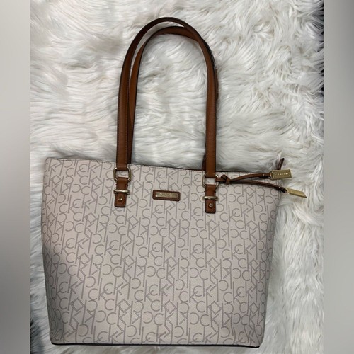 Calvin Klein Women's Ivory Brown Tan Logo Shoulder Handbag Purse