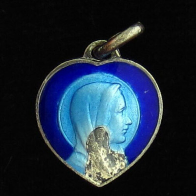 Vintage Mary Medal Blue Enamel Silver Marian Apparition Tiny Medal Small Size