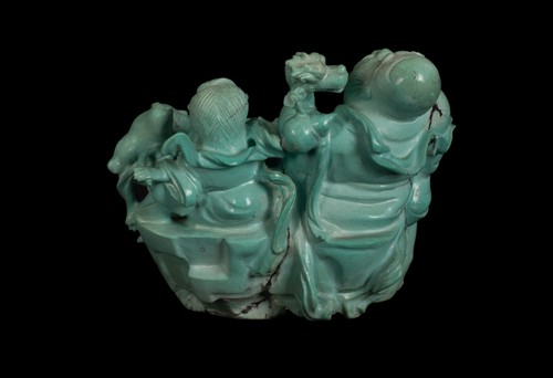 Feine Figurengruppe. Gottheit Shoulao & Akolythen. Türkis. China 20. Jh. - Bild 6 von 10