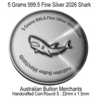5 Grams 2026 Australian Shark 999.5 Fine Silver Bullion Round Coin Handmade