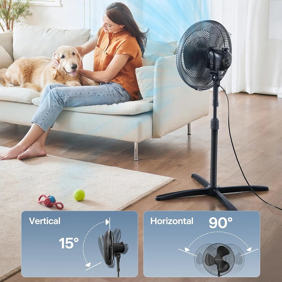 16-дюймовый 3-скоростной регулируемый колебательный пьедестал подставка вентилятор мощный классный тихий черный - Изображение 2 из 4