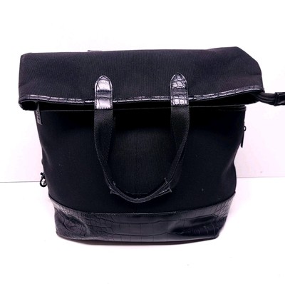 Beis Convertible Shoulder Bag Foldover Backpack Black Canvas Croco Leather Trim
