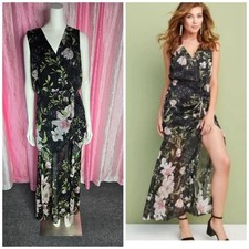 Guess Nadira Sheer Floral Lily Ruched Metallic High Slit Maxi Dress Size Large