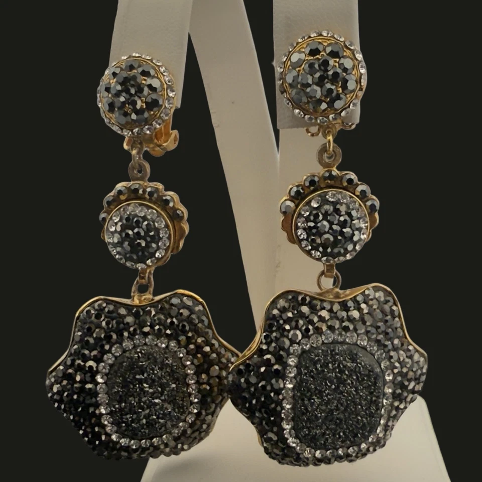 🖤 RUNWAY 🖤 3" SIGNED Jose & Maria BARRERA Black Gold 🖤 Neiman Marcus EARRINGS - Image 2 of 4