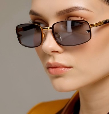 Slim Semi Rimless Sunglasses Women Wood Rectangular Metal Gold Eyewear Luxury