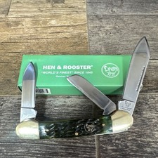 Hen & Rooster Pocketknife 353L-AGB 4116GS Green Brass Handle 3 Blades Stainless