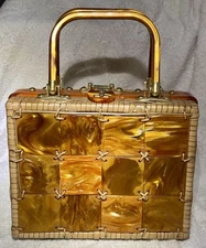 VINTAGE STYLECRAFT  LUCITE PURSE 1950s AMBER PEARL & WICKER BASKET HANDBAG MCM