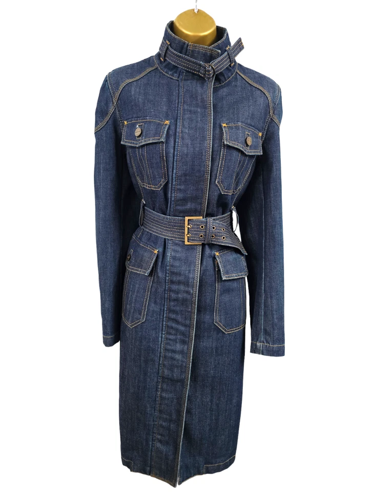 KAREN MILLEN 10 UK VINTAGE DENIM CREMALLERA CINTURÓN MILITAR LARGO GABARDINA CHAQUETA MAC Foto 4 de 4