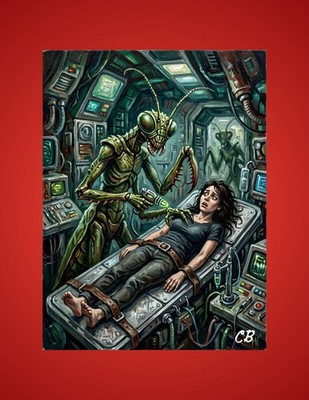 Mantis Alien Examination ACEO Print | UFO Abduction Folk Art | Sci-Fi