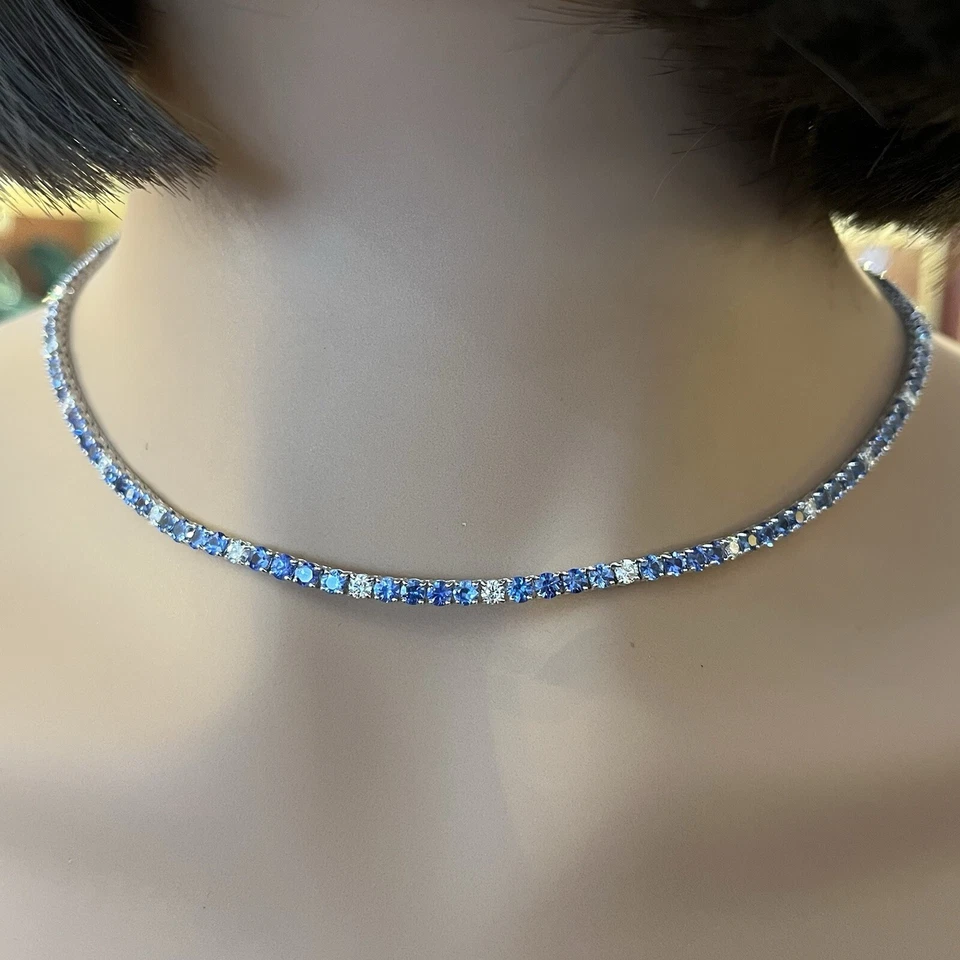 Natural Sapphire and Diamond Choker Necklace in 18k White Gold - HM2678BR