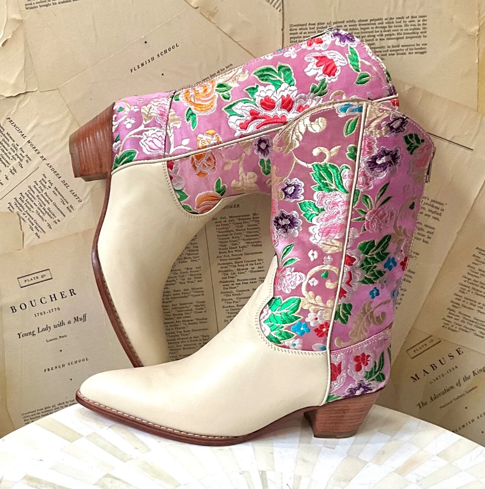 Free People MOMO Selina Bota Occidental Bordada Floral Seda Marfil 39/9 NUEVA Foto 2 de 4
