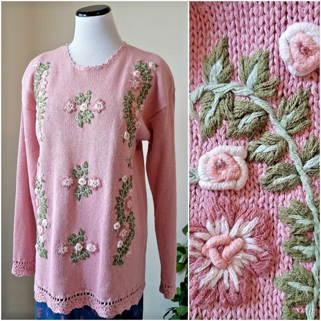 Vtg Blush Pink Long Sweater Embellished Rosette C… - image 1