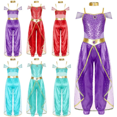 Kids Girls Arabian Princess Cosplay Costume Belly Dance Jumpsuit with Choker