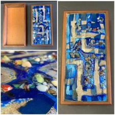Vintage MCM Mid-Century Glass Colored Stones Enamel Top Wood Box 10x5x2.25”