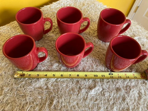 Vintage Corelle Red Stoneware Coffee Mugs 12 Ounce Capacity 4" Tall Set of 6