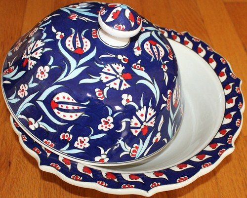 Handmade 12"x7" Turkish Iznik Navy Floral Pattern Ceramic Cini Bowl w/ Lid - Picture 5 of 6