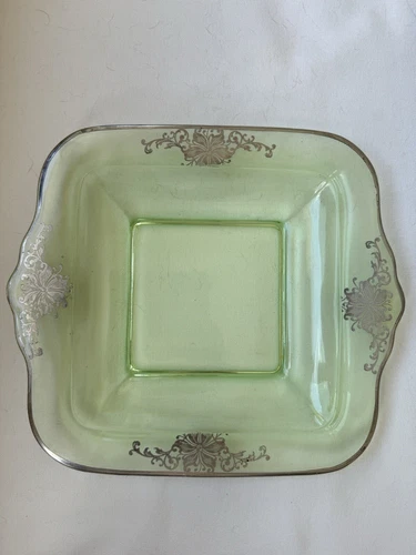 Beaded Lace Green Depression Vaseline Uranium Glass Silver Overlay Platter