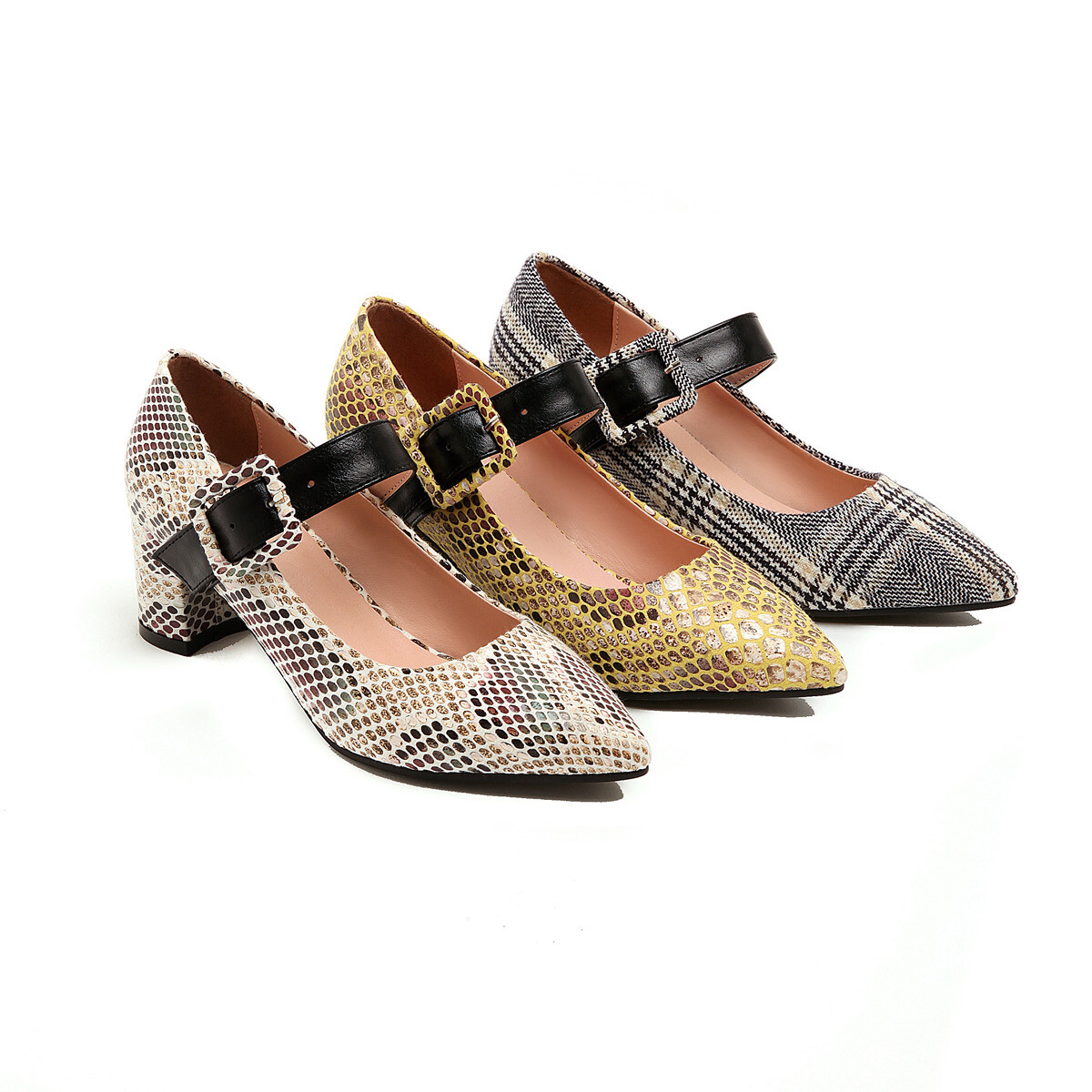 Snakeskin pattern block heel pumps with buckle for women party sexy style