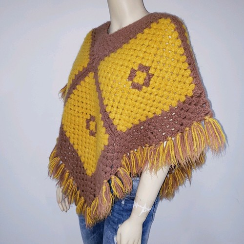 Poncho Cuadrado Abuela De Colección Hecho a Mano Crochet Afgano Boho Capa Hippie Festival - Imagen 3 de 10