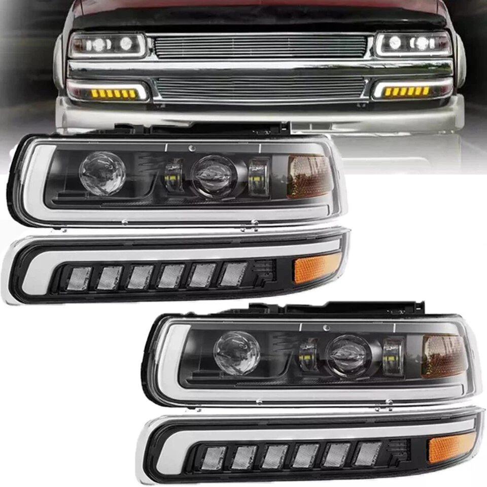 Fits 99 02 Chevy Silverado 00 06 Tahoe LED Projector Headlights LED Bumper Lamps