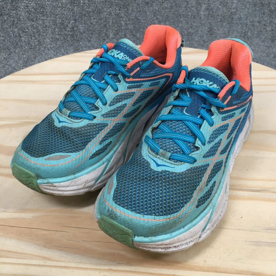 Zapatos para correr HOKA One One para mujer 8 Clifton 3 con cordones azul naranja malla Foto 3 de 4