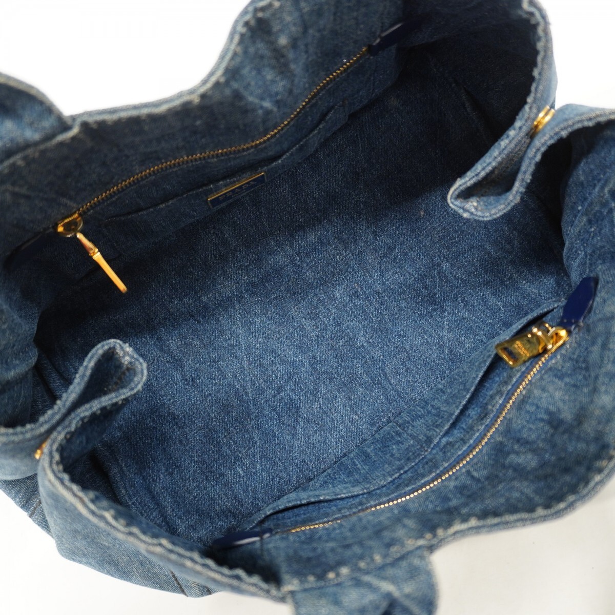 Prada Tote Bag Canapa Denim Blue Gold Hardware Used Ladies from japan thumbnail 4