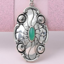 Antique Art Nouveau Jugendstil Chrysoprase Silver Repousse Rose Flower Pendant