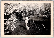 Vtg B&W Snapshot Woman With Bicycle & Watering Can In Blooming Orchard 1940s