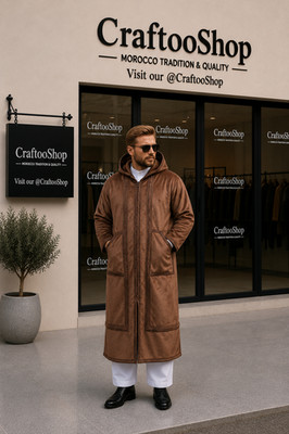 Farwa BROWN Coat Hoodie Bisht , Unique Fur Morocco Arab Style Winter Warm Jacket