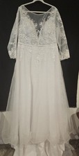 Floral And Lace White Wedding Dress With 3/4 Sheer Sleeves Size 20 Xxl Button