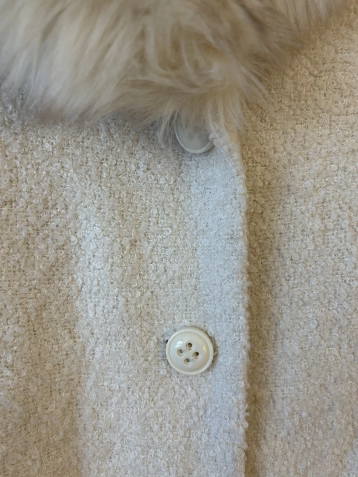 EUC WOMENS SIZE LARGE L CREAM BOUCLE TWEED COAT JACKET WINTER FAUX FUR IVORY - Image 3 of 4