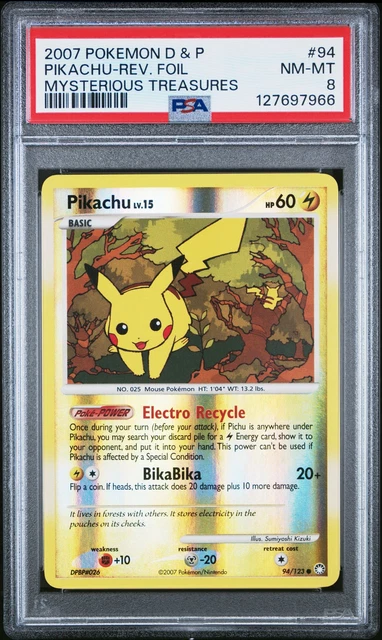 2007 POKEMON DIAMOND & PEARL MYSTERIOUS TREASURES #94 PIKACHU-REVERSE FOIL PSA 8