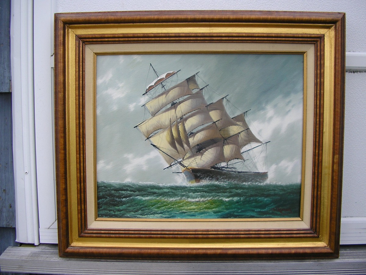 【F4号】good blue(spelling) 油絵 oil painting P.WANG SIGNED ORIGINAL HARBOR FISHING JUNK BOAT OIL PAINTING