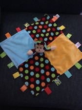 Taggies Monkey Blue Green Satin Brown Dots Plush Security Blanket Baby 26