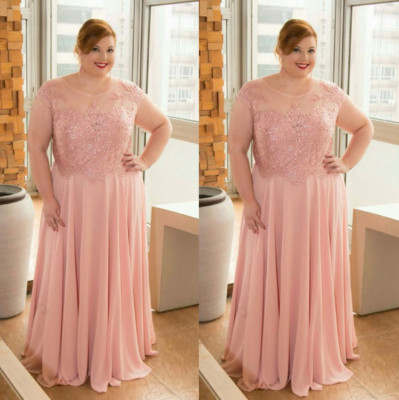 Plus Size Pink Chiffon Mother Of The Bride Lace Applique A-Line Long Prom Gowns