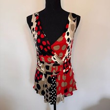 Moschino Cheap and Chic Red Black Cream Polka Dot V Neck Sleeveless Top Size 10
