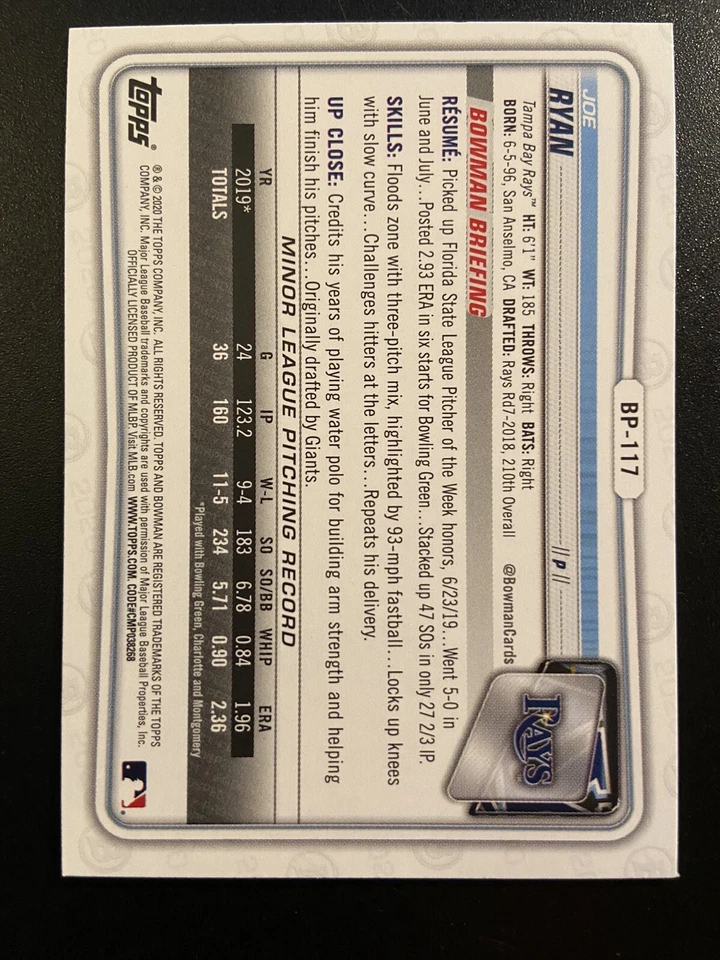 2020 Bowman Prospect Baseball Camo Joe Ryan 1st Bowman #BP-117 RC Rays - Image 2 of 2