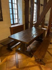 Magnifique table de monastère en bois brut avec ses 2 bancs