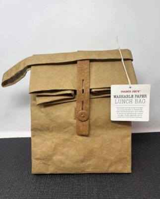 Trader Joe s Lunch Bag Washable Paper Sack Tan Brown Reusable Fold Over Top NWT!