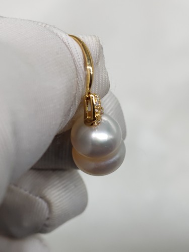 Real 10mm Rare Shape White Seawater Pearl Drop Earrings 18ct Gold Diamonds - Picture 13 of 16