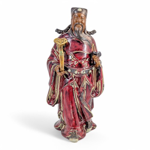 Shiwan court official statue with ruyi and lingzhi, oxblood glazed, China, 1950s - Picture 2 of 16