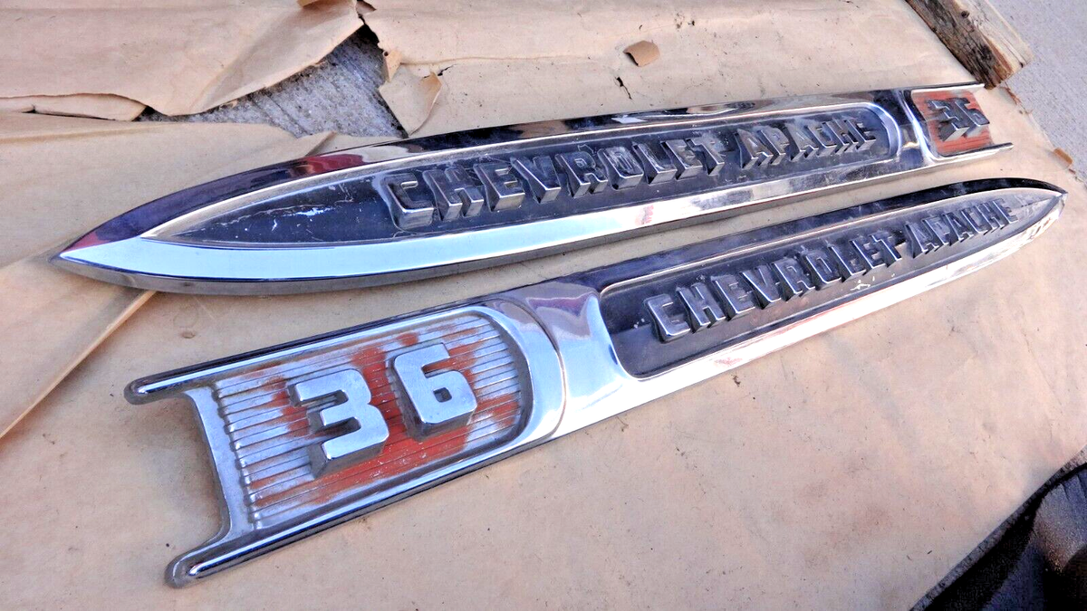 1959 Chevy Truck Apache 36 Front Fender Emblems Original GM Name