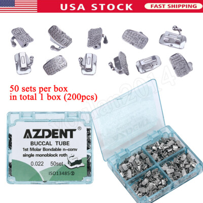 200Pc AZDENT Dental Orthodontic Buccal Tubes 1st Molar Bondable No-Conv Roth 022