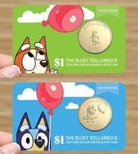 NEW!! 🔥 LIMITED 2024 BLUEY DOLLARBUCK & BINGO  $1 DOLLAR UNC Coin 2 CARD SET