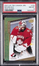 2021-2022 UD TEAM CANADA JUNIORS HIGH GLOSS #123 DEVON LEVI 5/15 PSA 8
