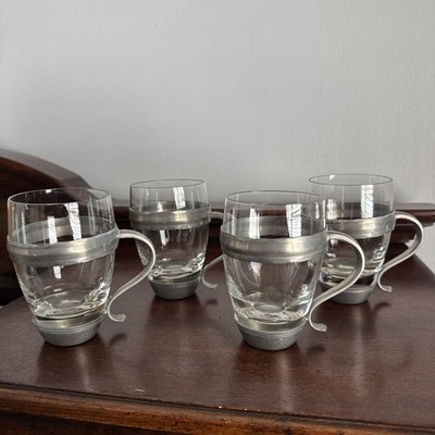 4 - 4 . Granna Tenn Bolling T.9 Pewter Glass Coffee Tea Mugs Handles
